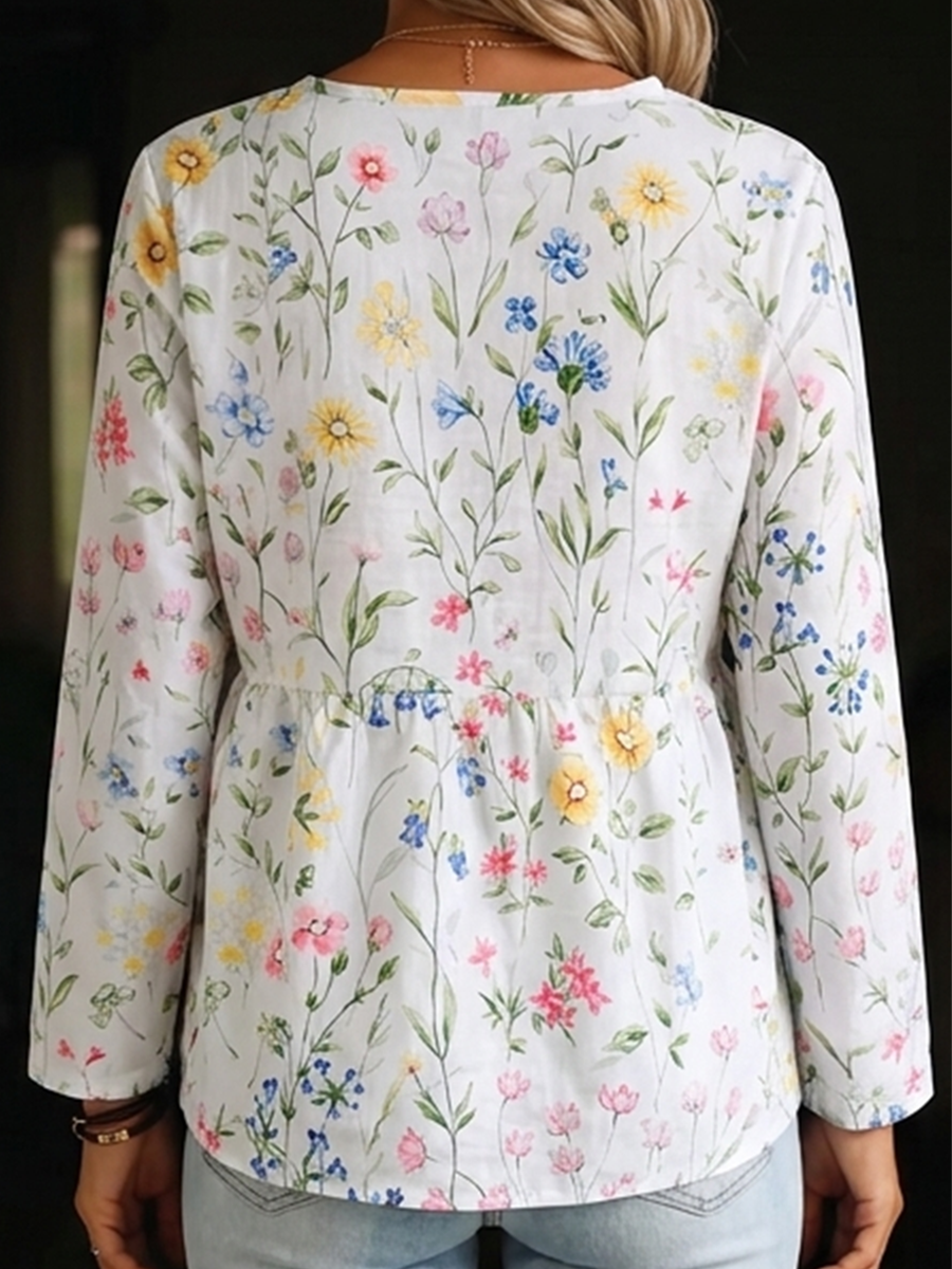 Long Sleeves Loose Buttoned Flower Print V-Neck Blouses&Shirts Tops