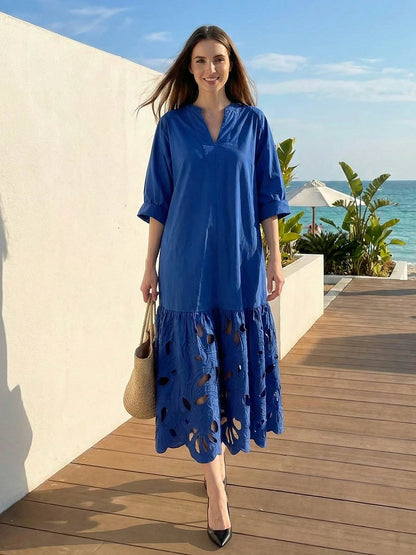 A-Line Long Sleeves Hollow Pleated Solid Color Split-Joint V-Neck Maxi Dresses