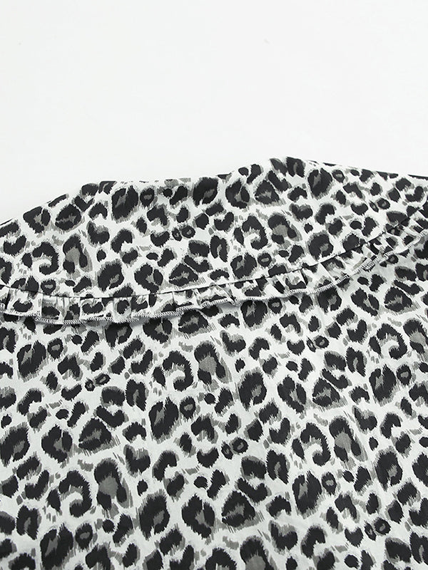 Loose Puff Sleeves Leopard Split-Joint Peter Pan Collar Blouses&Shirts Tops