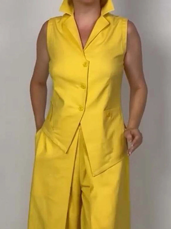 Sleeveless Solid Color Split-Joint Lapel Vest Top