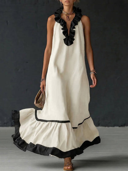 A-Line Loose Contrast Color Pleated Ruffle Trim Split-Joint V-Neck Maxi Dresses