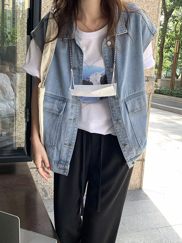 Simple Split-Joint Solid Color Denim Vest Outerwear