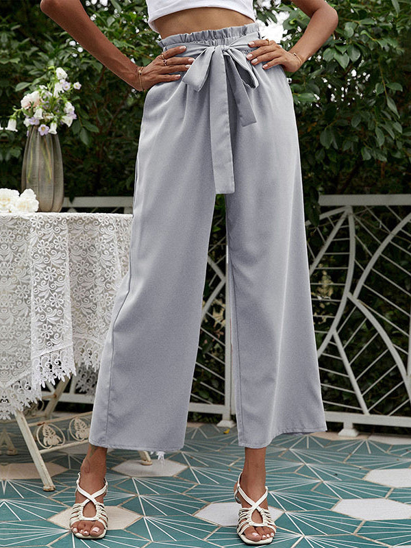 High Waisted Loose Pockets Solid Color Tied Waist Pants Trousers