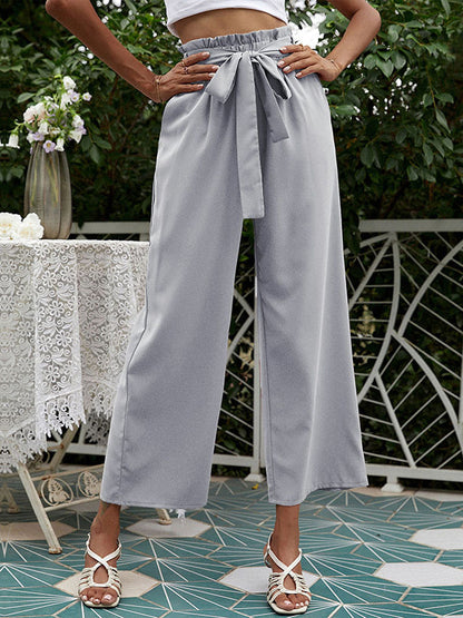 High Waisted Loose Pockets Solid Color Tied Waist Pants Trousers