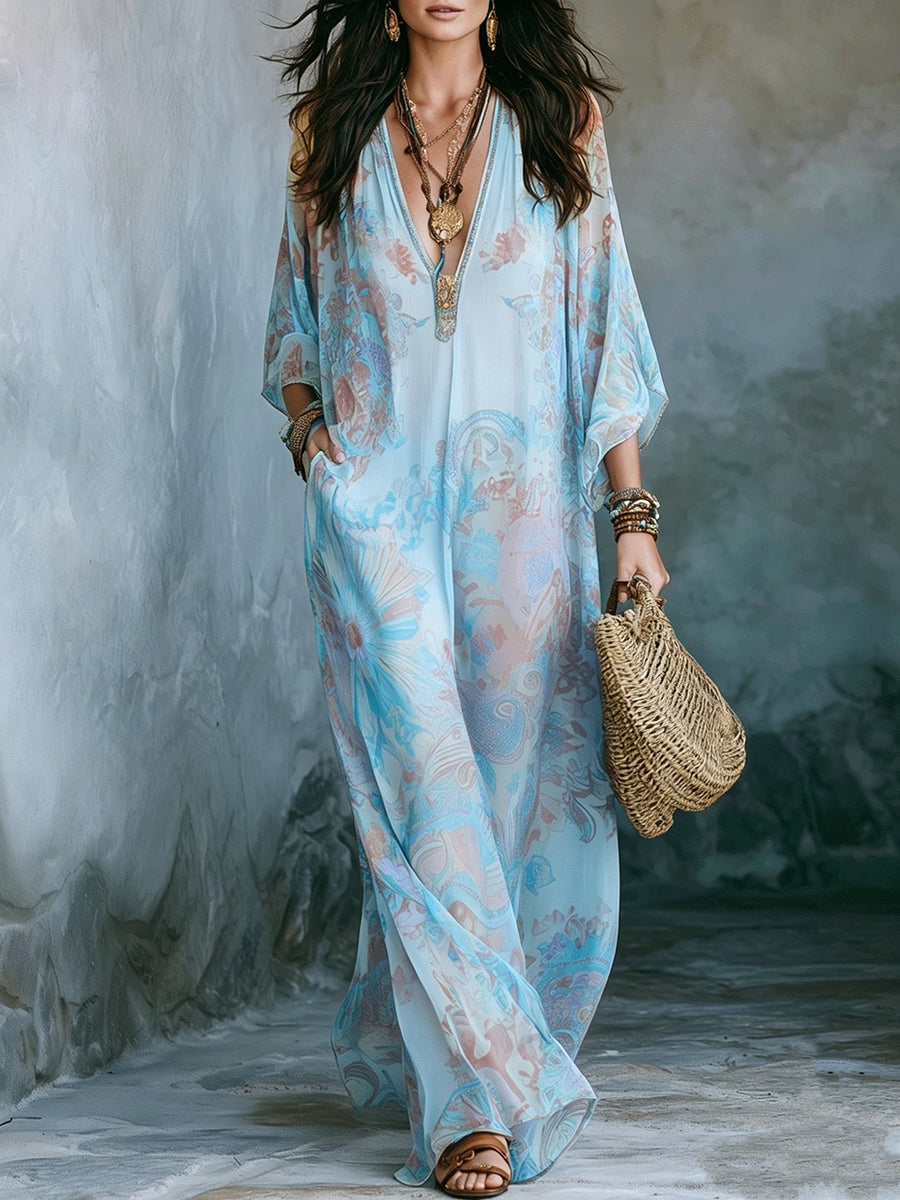 Printed Pockets Loose Contrast Color Plus Size V-neck Maxi Dresses