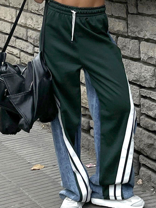 High Waisted Loose Drawstring Elasticity Pockets Denim Split-Joint Pants Trousers