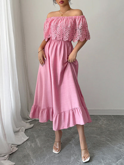 A-Line High Waisted Pleated Ruffled Solid Color Split-Joint Off-the-shoulder Midi Dresses