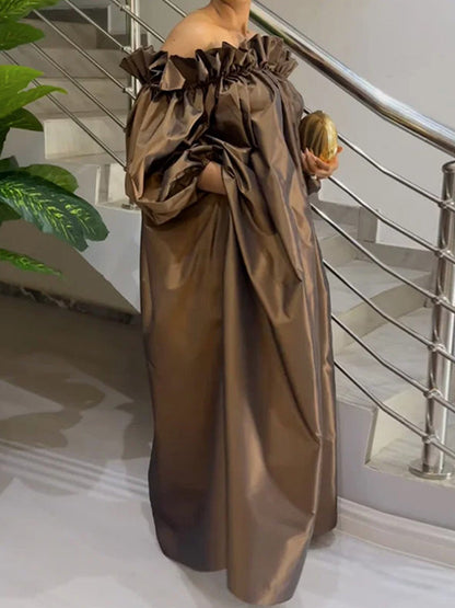 Loose Puff Sleeves Falbala Pleated Solid Color Off-The-Shoulder Maxi Dresses
