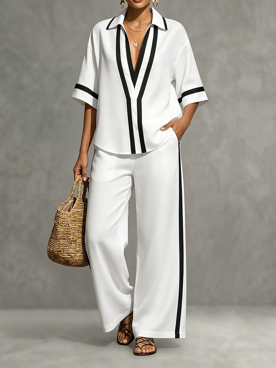 Half Sleeves Loose Contrast Color Lapel Blouses&Shirts Tops