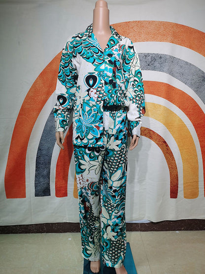 Flower Print Long Sleeves Buttoned Notched Collar Shirts Top + High Waisted Pants Bottom Two Pieces Set