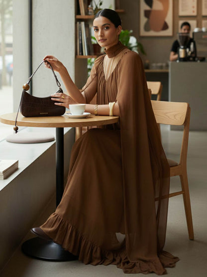 Cape Irregularity Layered Pleated Ruffled See-Through Solid Color Split-Joint High Neck Maxi Dresses