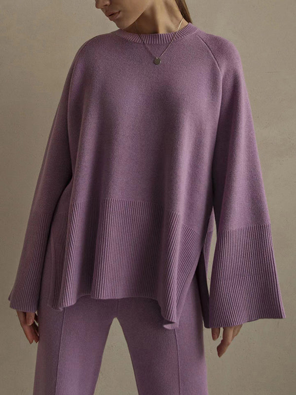 Casual Long Sleeves Loose Solid Color Round-Neck Sweater Tops & Wide Leg Pants Two Pieces Set