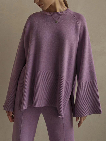 Casual Long Sleeves Loose Solid Color Round-Neck Sweater Tops & Wide Leg Pants Two Pieces Set