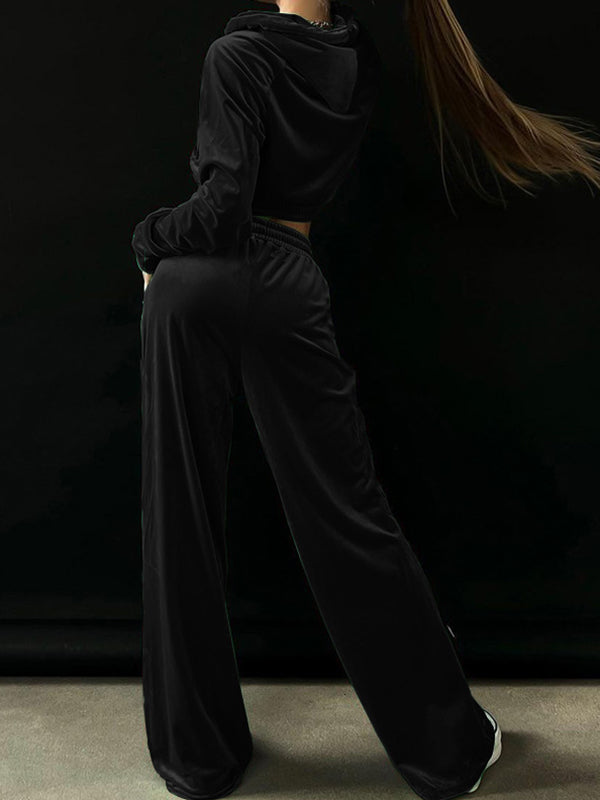 Solid Color Long Sleeves Hooded Outerwear + Straight Leg Pants Trousers Two Pieces Set