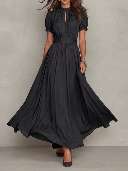 High Waisted Plus Size Buttoned Pleated Solid Color Round-neck Maxi Dresses