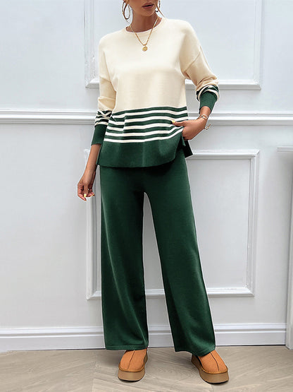 Long Sleeves Loose Contrast Color Split-Side Striped Round-Neck Sweater Top + Pants Bottom Two Pieces Set