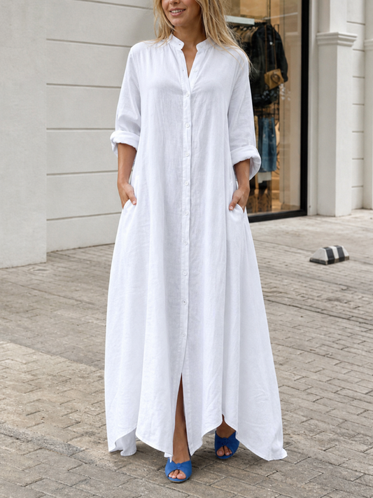 Solid Color Pockets Buttoned Loose Long Sleeves Lapel Maxi Dresses