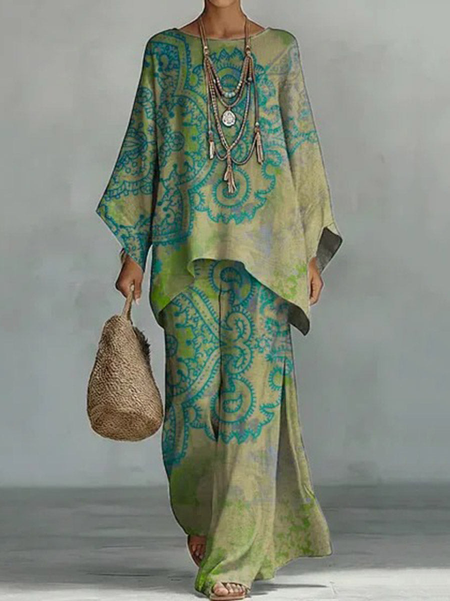 Contrast Color Printed Round-neck Long Sleeves Blouses&shirts Tops + High Waisted Pants Trousers Two Pieces Set