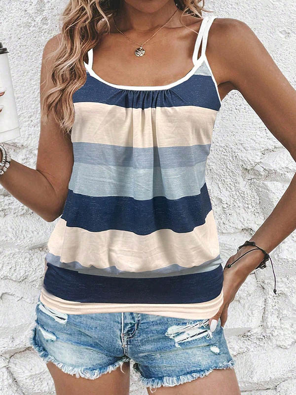 Loose Sleeveless Contrast Color Pleated Spaghetti-Neck Vest Top