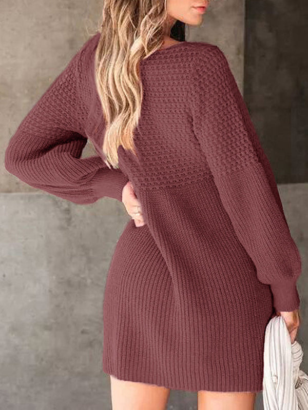 Long Sleeves Puff Sleeves Solid Color Split-Joint V-Neck Mini Dresses Sweater Dresses