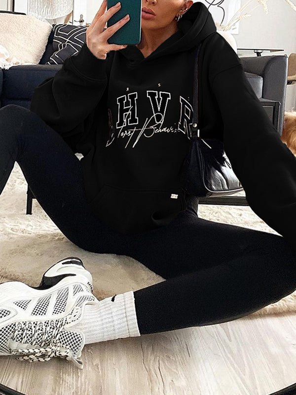 Long Sleeves Loose Keep Warm Letter Print Velvet Hooded Hoodies Tops
