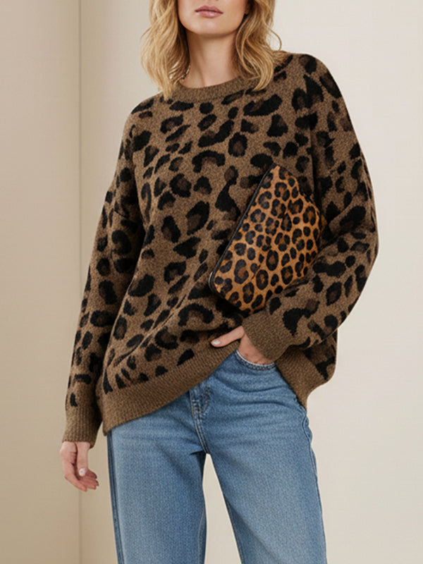 Long Sleeves Loose Leopard Round-Neck Sweater Tops