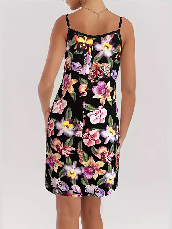 Loose Sleeveless Flower Print Spaghetti-Neck Mini Dresses