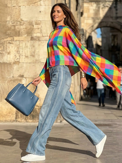 Rainbow Plaid Contrast Color Asymmetric Loose Long Sleeves Boat Neck Blouses&shirts Tops