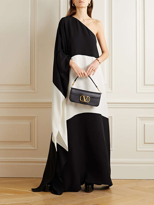 Batwing Sleeves Contrast Color Split-Side One-Shoulder Maxi Dresses