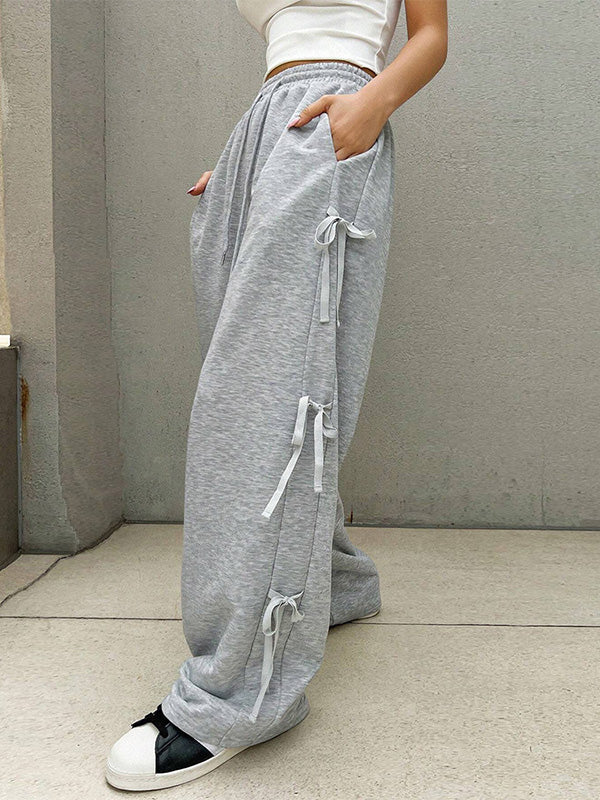 High Waisted Loose Drawstring Elasticity Solid Color Split-Joint Pants Trousers