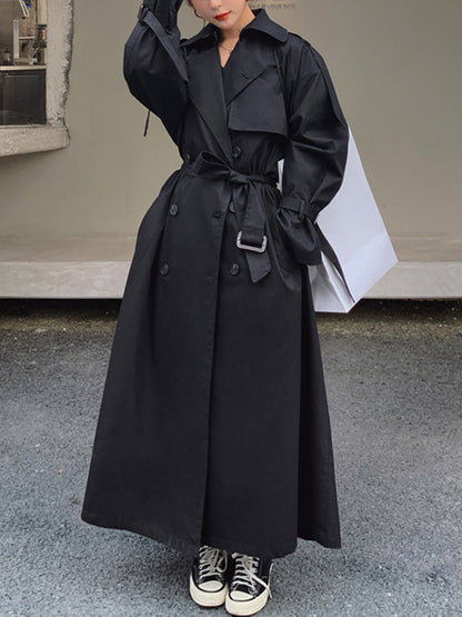 Long Sleeves Loose Buckle Buttoned Solid Color Split-Back Lapel Trench Coats
