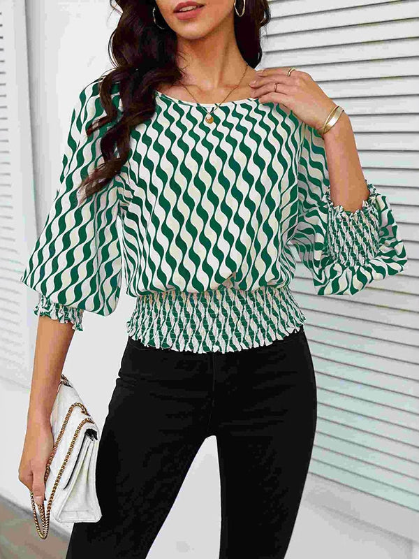 Loose Puff Sleeves Elasticity Printed Split-Joint Round-Neck Blouses&Shirts Tops