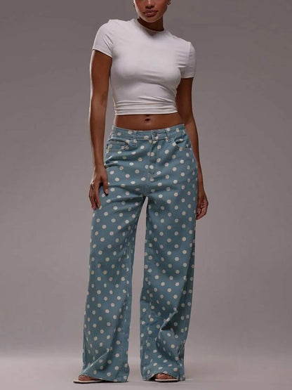 High Waisted Wide Leg Buttoned Contrast Color No Belt Polka Dot Zipper Pants Trousers