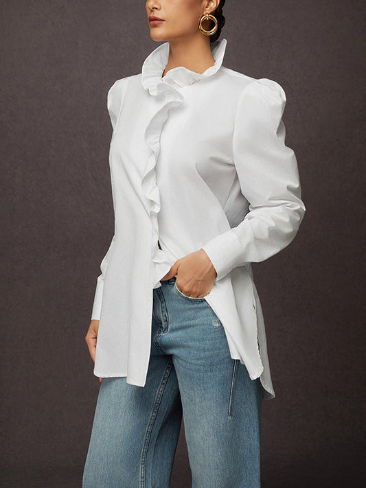 Loose Puff Sleeves Ruffled Solid Color Split-Joint Stand Collar Blouses&Shirts Tops