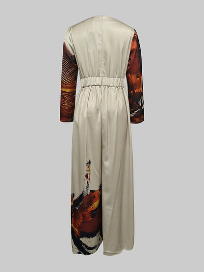 Long Sleeves Loose Floral Printed Pleated Split-Joint V-Neck Jumpsuits
