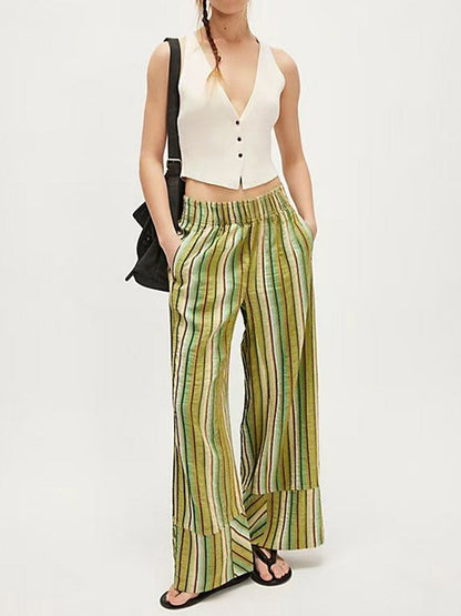 Elasticated Waist High Waisted Contrast Color Printed Split-Joint Striped Pants