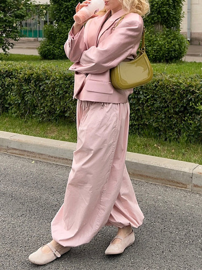 Elasticated Waist High Waisted Drawstring Pleated Solid Color Ankle-Tied Pants