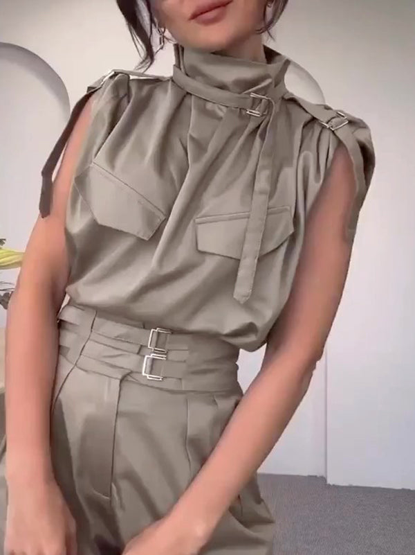 Loose Sleeveless Buckle Solid Color Stand Collar Blouses&Shirts Tops