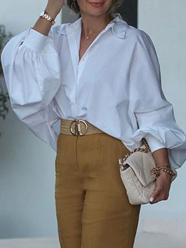 Loose Puff Sleeves Pleated Solid Color Split-Joint Lapel Blouses&Shirts Tops