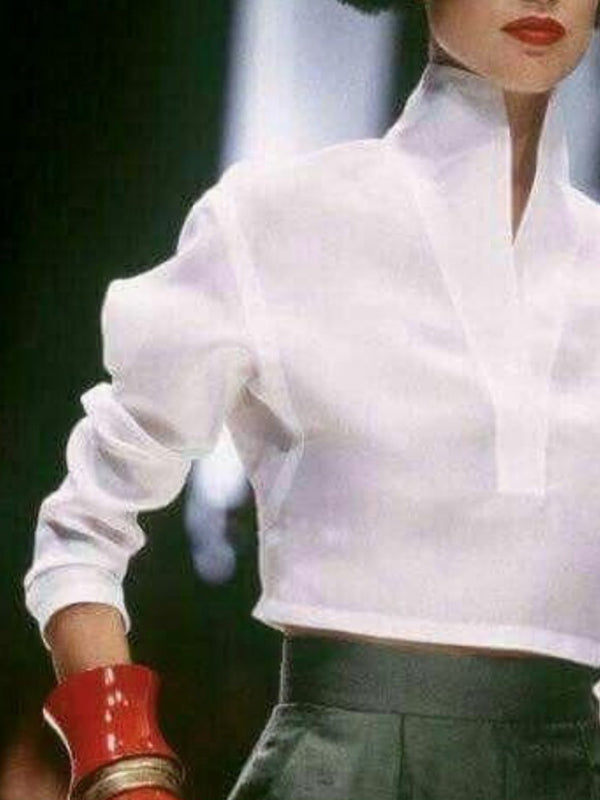 Long Sleeves Loose Solid Color High Neck Blouses&Shirts Tops