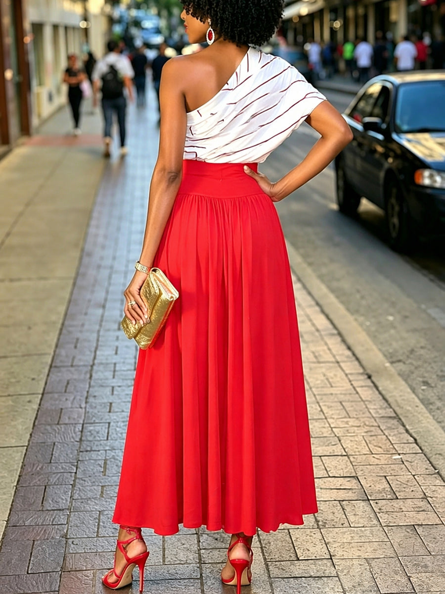 Irregularity Short Sleeves Asymmetric Striped One-Shoulder Blouses&Shirts Tops