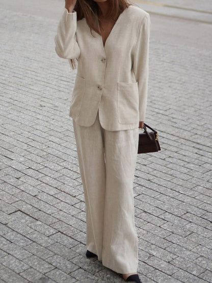 Long Sleeves Pockets Buttoned Solid Color V-Neck Blouses Tops + High Waisted Pants Bottom Two Pieces Set