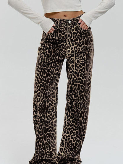 Loose Buttoned Leopard Pockets Split-Joint Pants Trousers