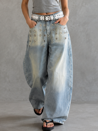 High Waisted Wide Leg Belt Buckle Hollow Pockets Solid Color Split-Joint Jean Pants Bottoms