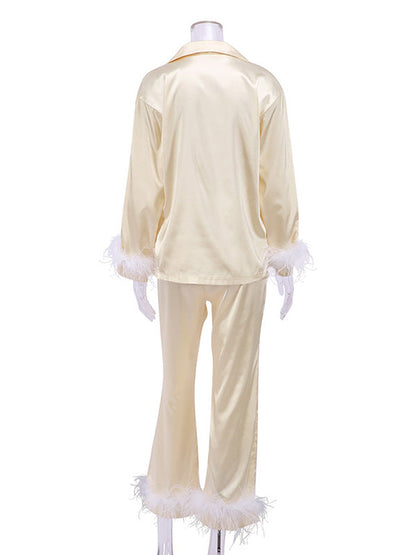 Long Sleeves Buttoned Feathers Split-Joint Notched Collar Shirts Top + Pants Bottom Pajama Sets