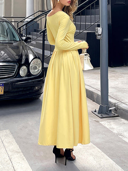 High Waisted Long Sleeves Pleated Solid Color Split-Front One-Shoulder Maxi Dresses