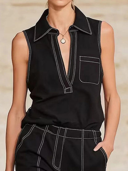 Loose Sleeveless Line Solid Color Lapel Vest Top