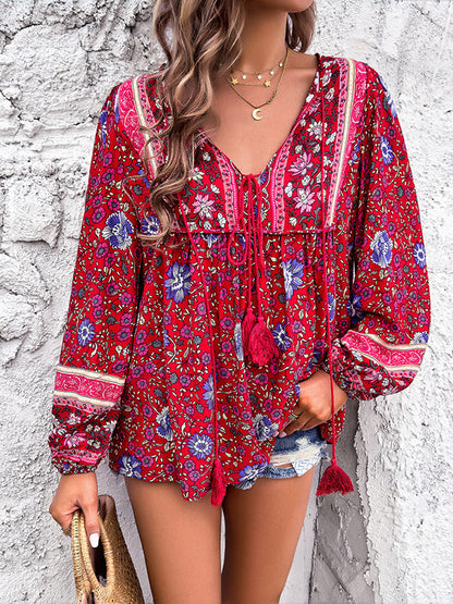 Long Sleeves Loose Contrast Color Elasticity Pleated Split-Joint Tied V-Neck Blouses&Shirts Tops
