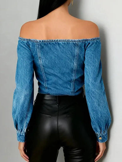 Irregularity Long Sleeves Buttoned Pleated Solid Color Split-Joint Off-The-Shoulder Blouses&Shirts Tops