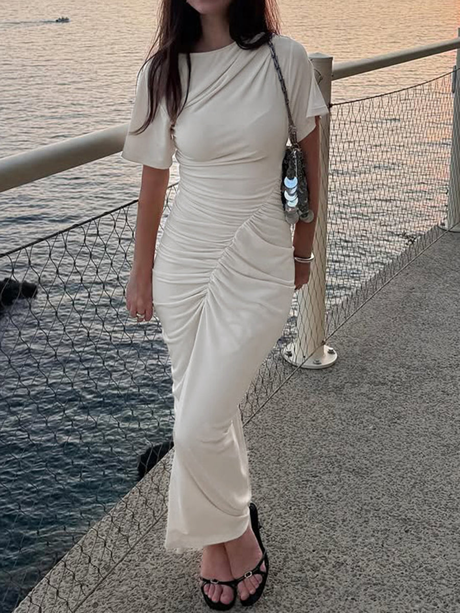 Solid Color Pleated Skinny High Waisted Midi Dresses
